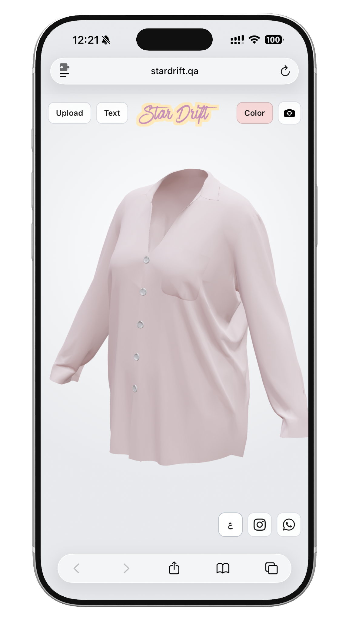 Star Drift 3D shirt customizer on a mobile browser